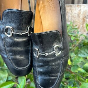 Gucci Men's Black Leather Slip-On Loafers with Silver Accents